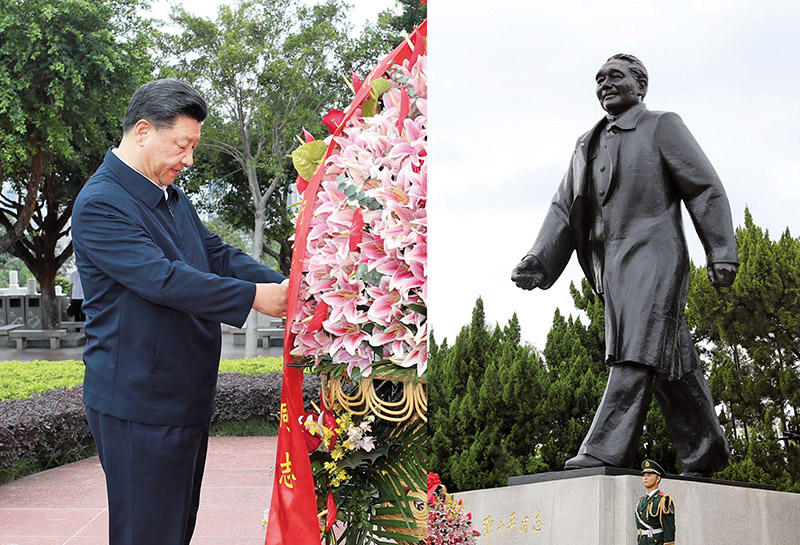 2020年10月14日，習(xí)近平總書(shū)記向深圳蓮花山公園鄧小平同志銅像敬獻(xiàn)花籃。